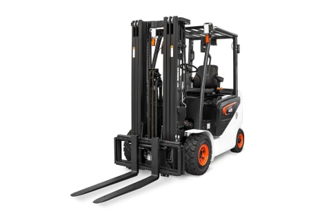 A studio image of the frontal view of the Bobcat B25NS Electric Forklift.
