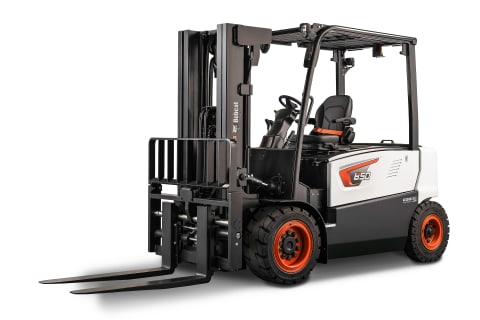 A studio image of the frontal view of the Bobcat B50X-7 Electric Forklift.